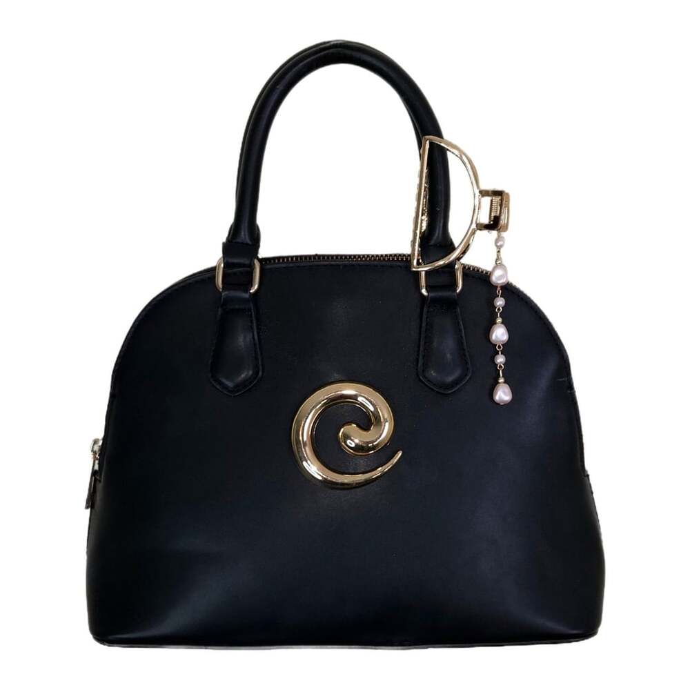 A New Day Black Dome Satchel Handbag With Gold Swirl Accent Pin Brooch